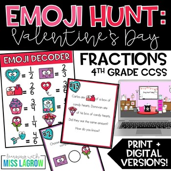 Preview of Valentine's Day Math Emoji Hunt Fractions Fourth Grade Activity