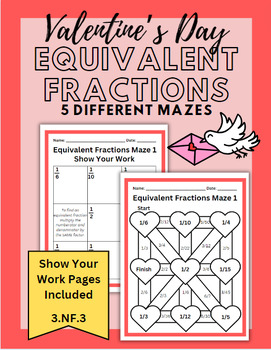 Preview of Valentine's Day Math: Equivalent Fraction Mazes 3.NF.3