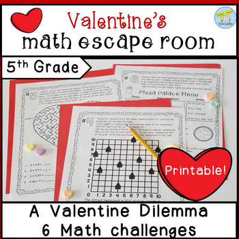 Preview of Valentine's Day Math Escape Room Challenge 5th Grade Math Review