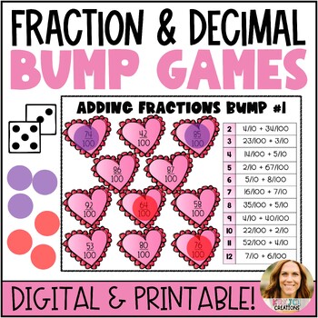 Preview of Adding Fractional Parts of 10 and 100 Math Games - Valentine's Day Theme