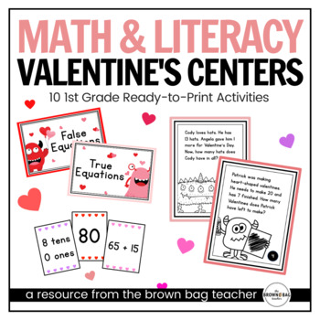 Preview of Valentine's Day Math & Literacy Centers: 10 Ready-to-Print Activities