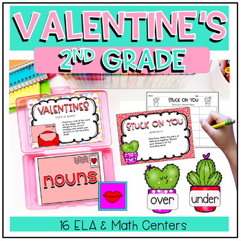 Preview of Valentine's Day Math & Literacy Centers for 2nd Grade Task Cards Stations Games