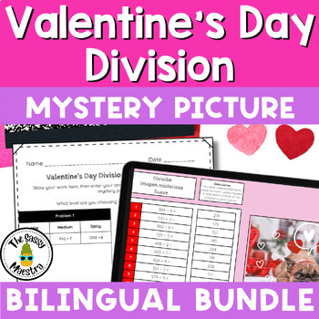 Preview of Valentine's Day Math Long Division Digital Mystery Pictures Spanish Bilingual