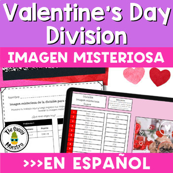 Preview of Valentine's Day Math Long Division Digital Mystery Pictures in Spanish