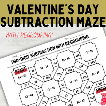 Preview of Valentine's Day Math Maze - Second Grade Regrouping Practice - Math Games