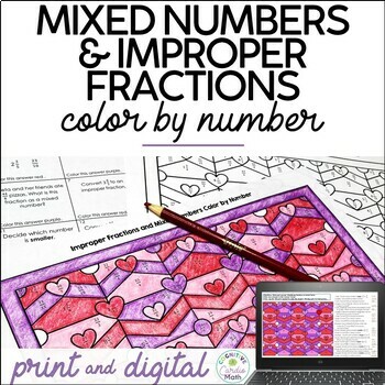 Preview of Valentine's Day Math Mixed Numbers and Improper Fractions Coloring Page