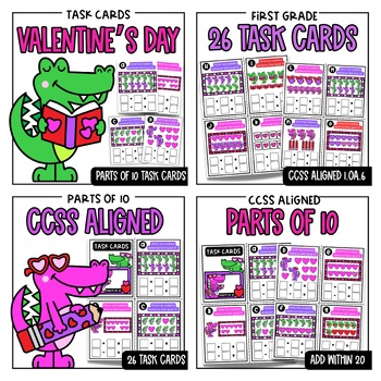 Preview of Valentine’s Day Math No Prep Task Task Cards + Worksheets for 1st Grade