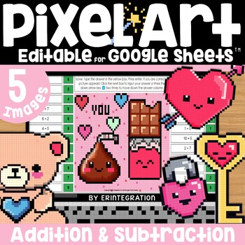 Preview of Valentine's Day Mystery Pixel Art Math Addition & Subtraction on Google Sheets