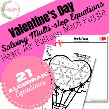 Preview of Valentine's Day Math Puzzle // Solving Multi-step Equations // Heart Air Balloon