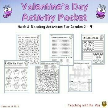 Preview of Valentine's Day Math & Reading Activity Packet: Grades 2 - 4