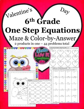 Preview of Valentine's Day Math Solving Equations One Step Equations Maze & Color by Number