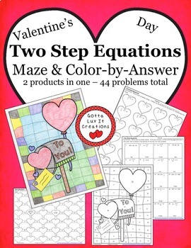 Preview of Valentine's Day Math Solving Equations Two Step Equations Maze & Color by Number