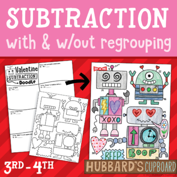 Preview of Valentine's Day Math - Up to 3-Digit Subtraction With & W/out Regrouping -Robots