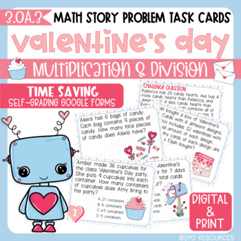 Preview of Valentine's Day Math Word Problem Task Cards Multiply & Divide- Digital & Print