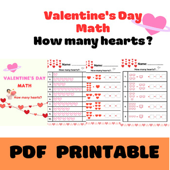 Preview of Valentine's Day Math Worksheet : How many hearts? Counting+Addition-Subtraction