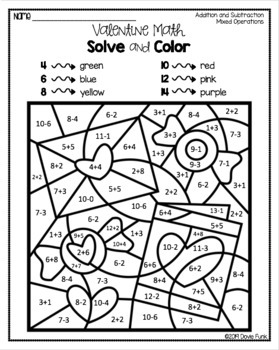 Valentines Day Math Worksheets Color by Code Addition Subtraction by ...