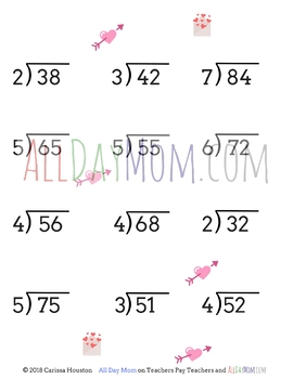 valentine s day math worksheets long division no remainders 2 digit answers