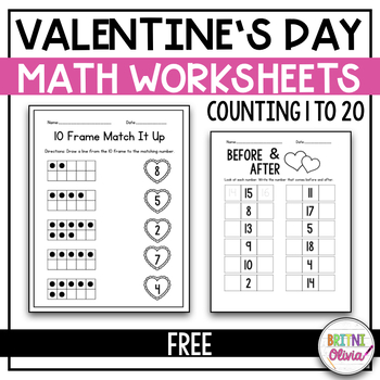 Preview of Valentine's Day Math Worksheets | Number Sense | Counting  to 20 | Free