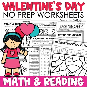 Preview of Valentine's Day Math Worksheets Coloring and Reading Comprehension Activities