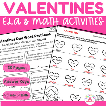 Preview of Valentine's Day Math and ELA Activities Worksheets No Prep