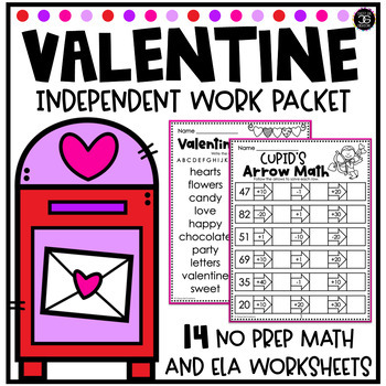 Preview of Valentine's Day Math and ELA Review No Prep Worksheets Grades 1-3