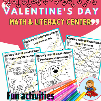 Preview of Valentine's Day Math and Literacy Center for Kindergarten, February Activities