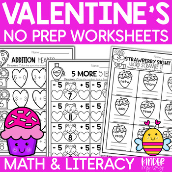 Preview of Valentine's Day Math and Literacy Worksheets for PreK and K | No Prep Printables