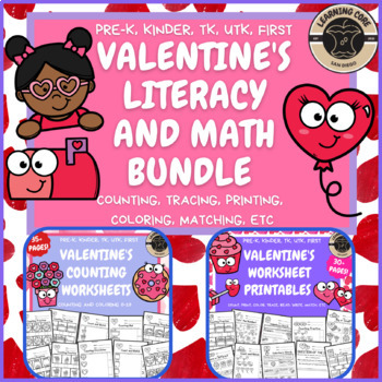 Preview of Valentine's Day Math and Literacy Worksheets - PreK, Kindergarten, First No Prep