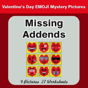 Valentine's Day: Missing Addends - Color-By-Number Math Mystery Pictures
