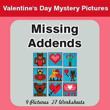 Valentine's Day: Missing Addends - Color-By-Number Math Mystery Pictures