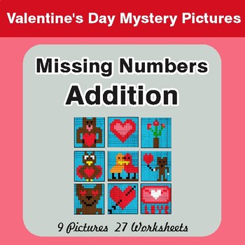 Valentine's Day: Missing Numbers Addition - Color-By-Number Math Mystery Pictures
