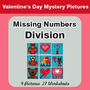 Valentine's Day: Missing Numbers Division - Color-By-Number Math Mystery Pictures