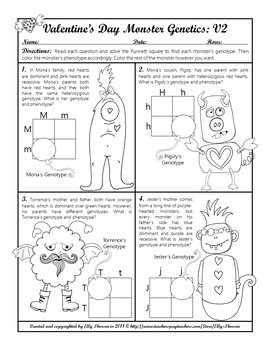 Valentine s Day Monster Genetics Punnett Square Coloring Worksheet