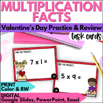 Preview of Valentine's Day Mixed Multiplication Facts Task Cards February Math Fact Fluency