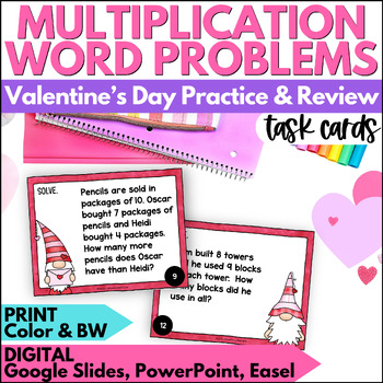 Preview of Valentine's Day Multiplication Word Problems Task Cards - February Math Practice