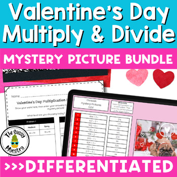 Preview of Valentine's Day Multiply and Divide Digital Mystery Pictures Bundle