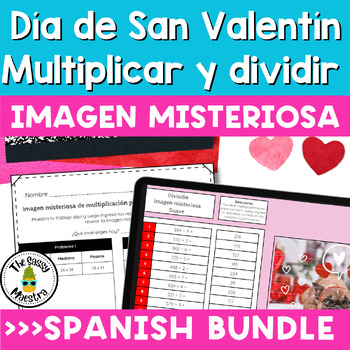 Preview of Valentine's Day Multiply and Divide Digital Mystery Pictures Spanish Bundle