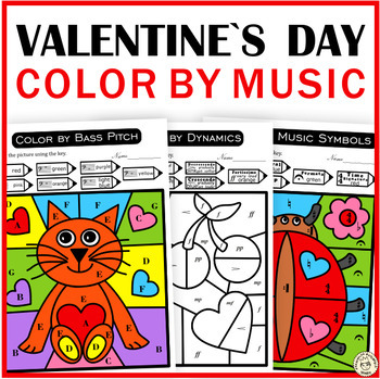 Preview of Valentine`s Day Music Color by Code Pages | Notes Symbols Dynamics Treble & Bass