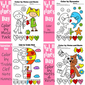 Preview of Valentine`s Day Music Coloring Pages Bundle | Music Color by Note