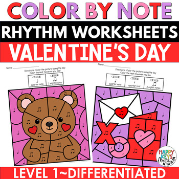 Preview of Valentine's Day Music Coloring Pages - Color by Note Rhythm Worksheet Activities
