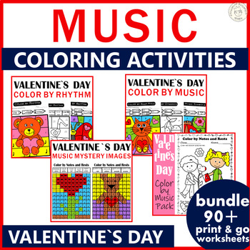 Preview of Valentine`s Day Music Coloring Sheets Bundle | Elementary Music Color-by-Note