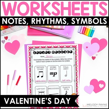 Preview of Valentine's Day Music Worksheets - Notes, Music Symbols, Rhythms, and More!