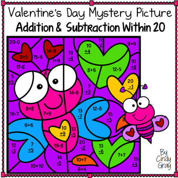 Preview of Valentine's Day Mystery Picture ~ Addition and Subtraction Within 20 ~ Bug