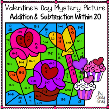 Preview of Valentine's Day Mystery Picture ~ Addition and Subtraction Within 20 ~ Cupcake