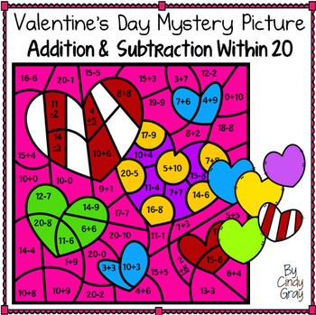 Preview of Valentine's Day Mystery Picture ~ Addition and Subtraction Within 20 ~ Hearts