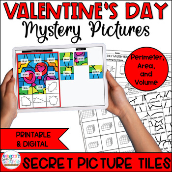 Preview of Valentine's Day Mystery Pictures Finding Perimeter Area and Volume 