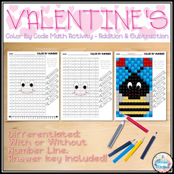 Preview of Valentine's Day Color by Number Addition and Subtraction Math Activity