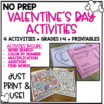 Preview of Valentine's Day NO PREP Printables {4 ELA & Math Activities for Grades 1-4}