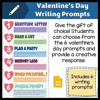Preview of Valentine's Day NO PREP Writing Prompts,  4th-8th Grade Choice Board Vday Themed