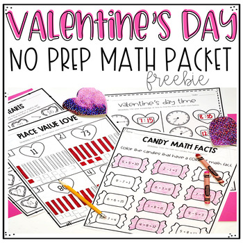 Preview of Valentine's Day Math Worksheets FREEBIE - 1st 2nd Grade - Place Value, Time,